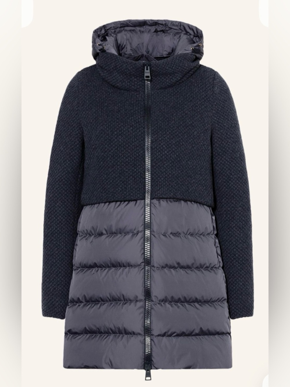 Herno Funnel Neck Wool Knit Overlay Down Puffer Coat/Jacket, Navy, 38EU, 2US